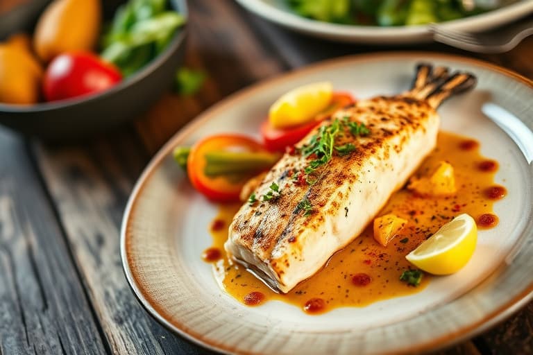 Argentinsk stil grillet sverdfisk med krydret appelsinchimichurri, panstekte paprika og brente søtpotetchips