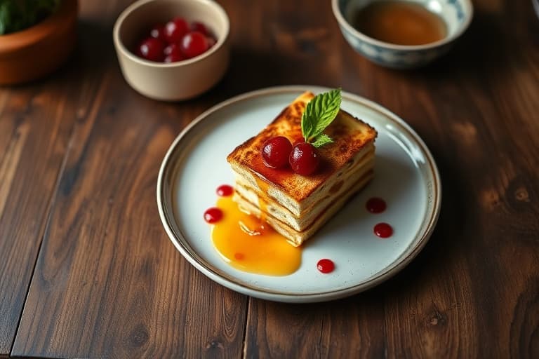 Fransk toast- og brødpudding med krydrede pærer