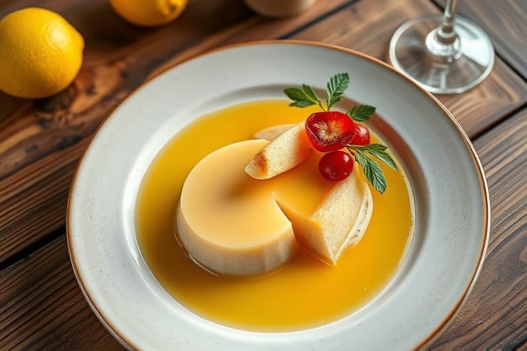 Druegelé med sitronbasilikum og krystallisert ingefær, servert med pisket krem