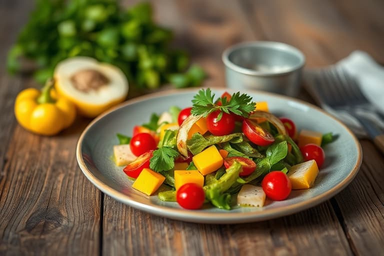 Sprø blekksprut- og steinbittsalat med rød peppers- og mangovinaigrette, mynte, koriander og cherrytomater