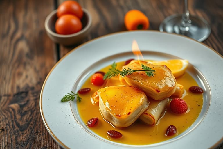 Kirsebær-vanilje pannekaker med nektariner og kirsebær, flamberte i sljivovits