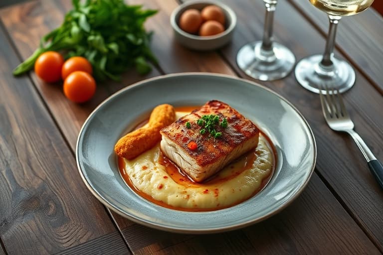 Glasert svinekam med pimiento-ost-grits og søtpotetfritter