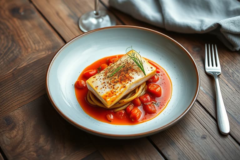Sprø atlantisk laksefilet på blandede linser med marokkansk krydret tomatsaus med harissa