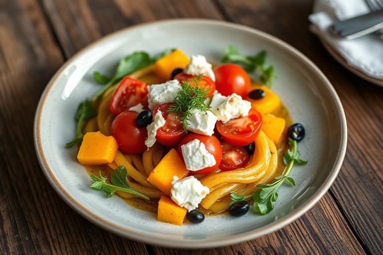 Tomater fylt med squash, feta og oliven