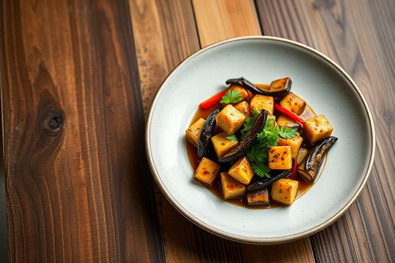 Grillet lammekotoletter marinert i soyasaus og ingefær, servert med Hunan-inspirert aubergine og miso- og plommesaus