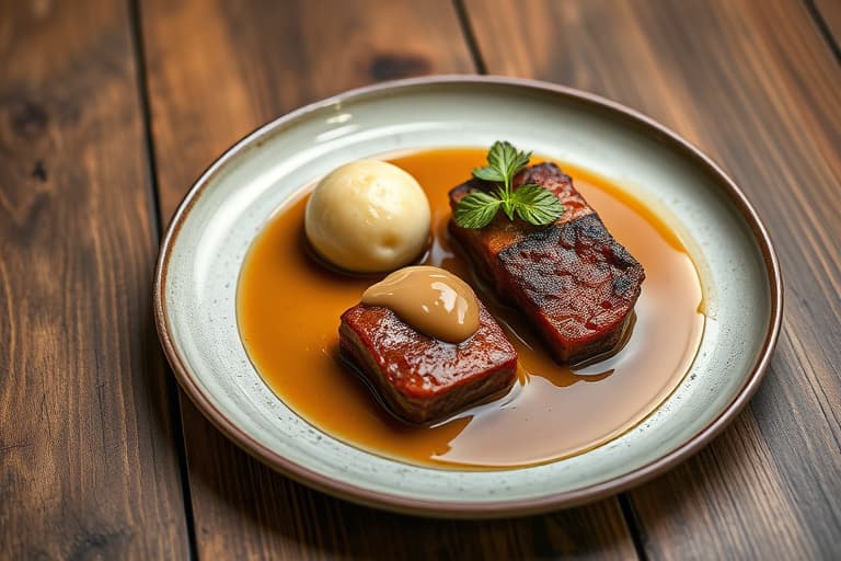 Momsboks med foie gras-dumplings og honning- og sjalottløkssirup