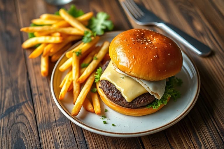 Biffburger med ost og pommes frites
