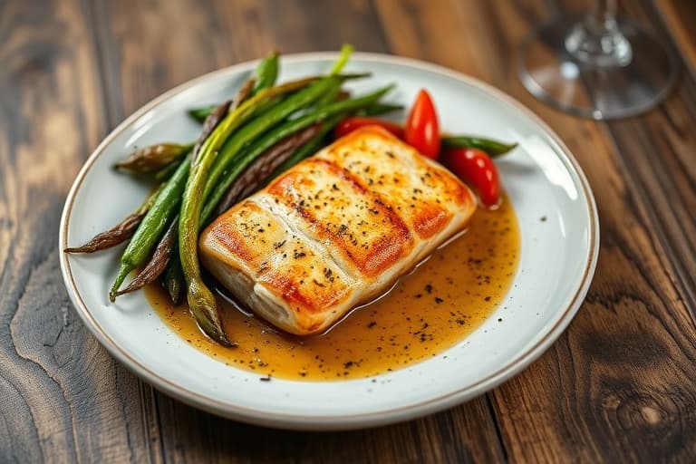 Sautert biff med grønn pepperkremsaus, servert med rødpotetmos og sautert asparges