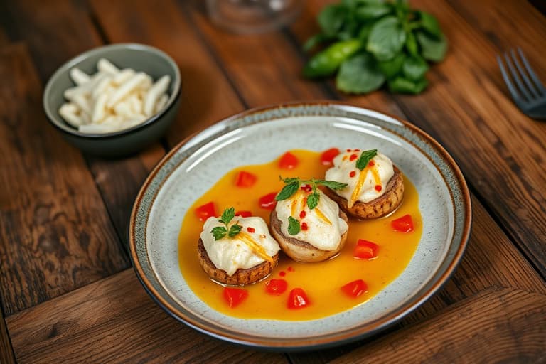 Trio av and med sopp og confiterte tomater, smørsjy