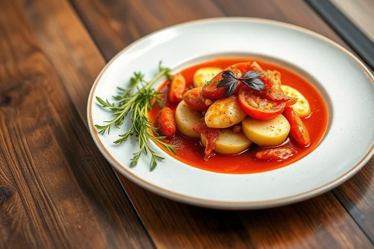 Grillet cioppino med ildrøkt tomat- og grønnsakspuré