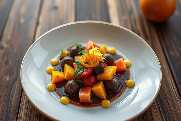 Krydret plantain, pannesvidd trippelhale, sjokolade, calypso-bønner, rød guava og karambola-salat