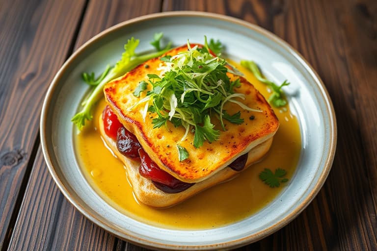 Croque Monsieur-inspirerte Monte Cristo-krutonger med frisée-salat og sjalottvinaigrette