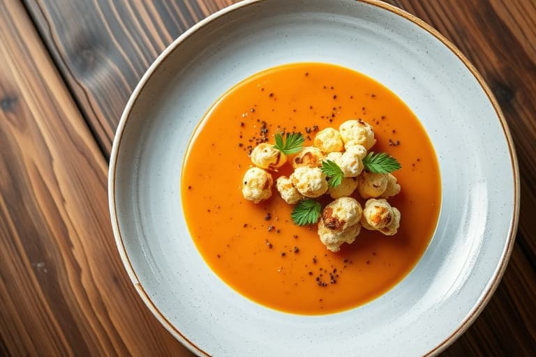 Gazpacho og sjømatcocktail med smakstoppet popcorn
