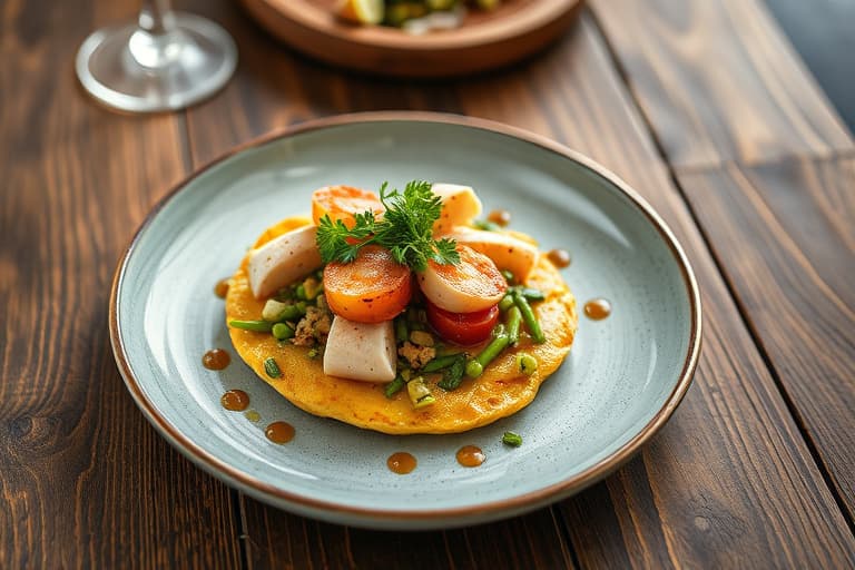 Blå mais-tortilla med rød snapper, Poblano-vinaigrette og søt løk-mais-relish