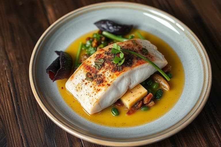 Marinert, stekt tunfisk med sprø grønnsaker, tapenade og vinaigrette