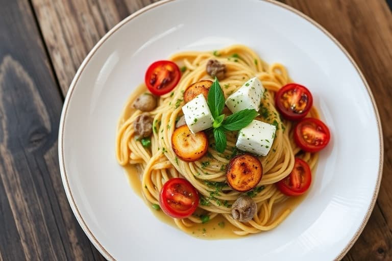 Spinat- og fetaostrisotto med skivet biff, oregano-saus og grillede tomater med persille