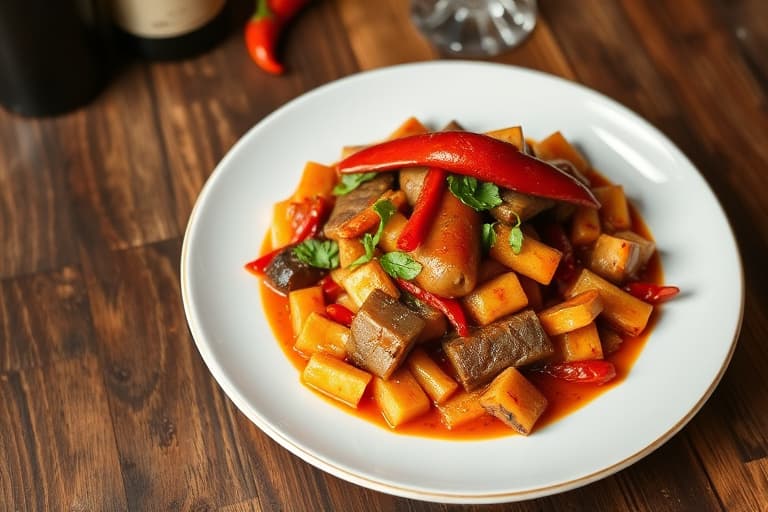 Langtidskokt svinekjøtt med stekte sjalottløk og chili