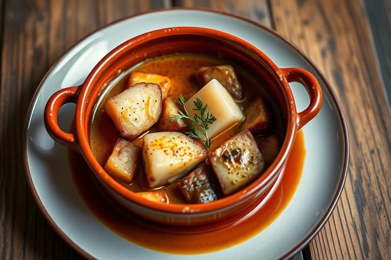 Brased lammekoteletter i cazuela med potet- og artisjokkgraut og rødvinsreduksjon