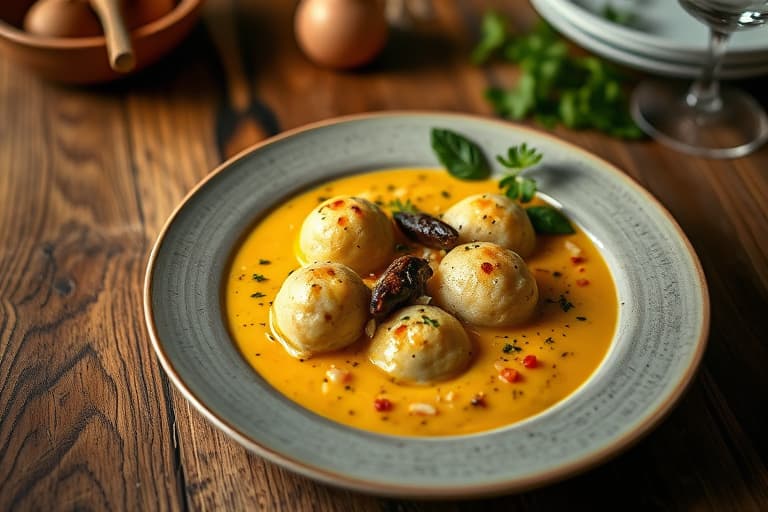 Trefarssuppe med kalkunboller og Dijon-sennepdumplings