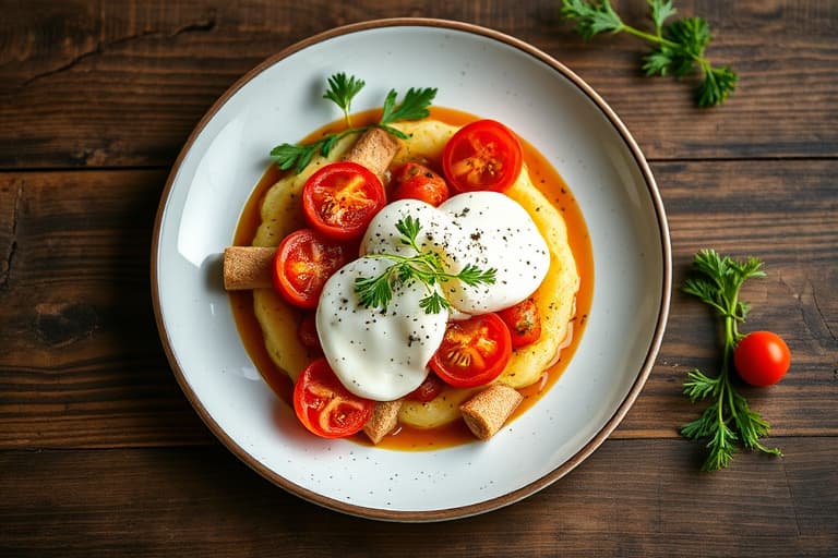 Kylling fylt med røkt mozzarella, ovnsbakte tomater og brokkoli rabe, servert over poteter med marsalasaus