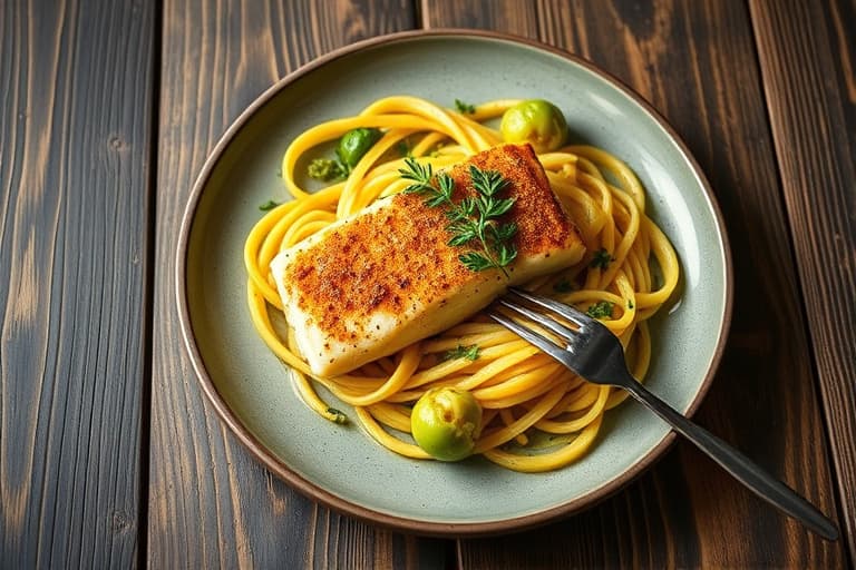 Koriander-krustet skate med spaghetti squash og sprø brusselspirerblad