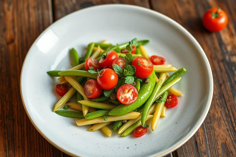 Haricots verts med myntefargede cherrytomater