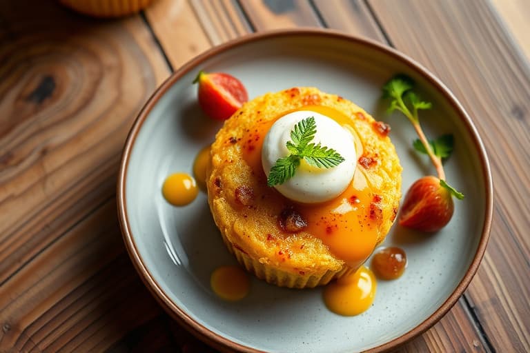 Mango-korianderkaker i muffinsform med mango-chutney-fyll og pisket krem av søtet kondensert melk