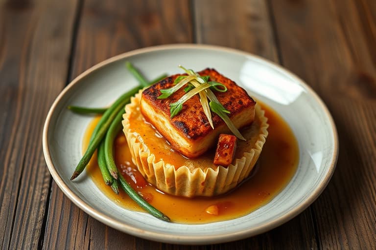 Bryst av kylling, braisert, på ristet engelsk muffins med grønnsaks-mirepoix, ristet pinjekjerner og en blanding av squash, sommer squash og løk