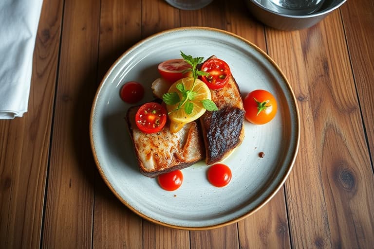 Steinbitt med tomater, kapers, sitron, artisjokker og fennikel