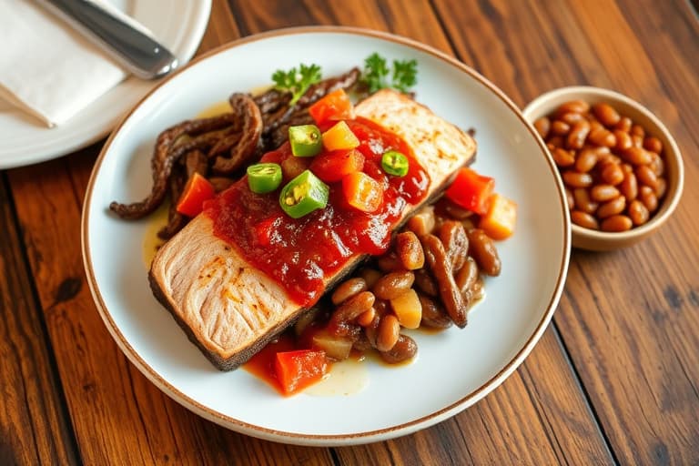 Svinefilet med grillet tomat- og jalapeñosalsa, servert med Bush's Texas Ranchero Grillin Beans