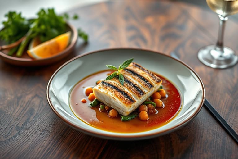 Mero med Ma Cum-stripebass i ajiote- og suroransjesaus