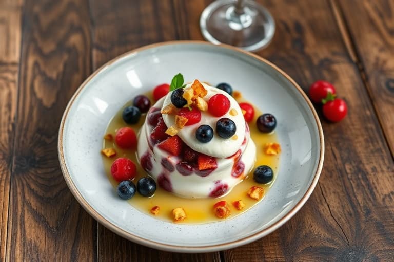 Jordbær- og rabarbrasyltetøy med frossen yoghurtparfait og hjemmelaget valnøttbrittle