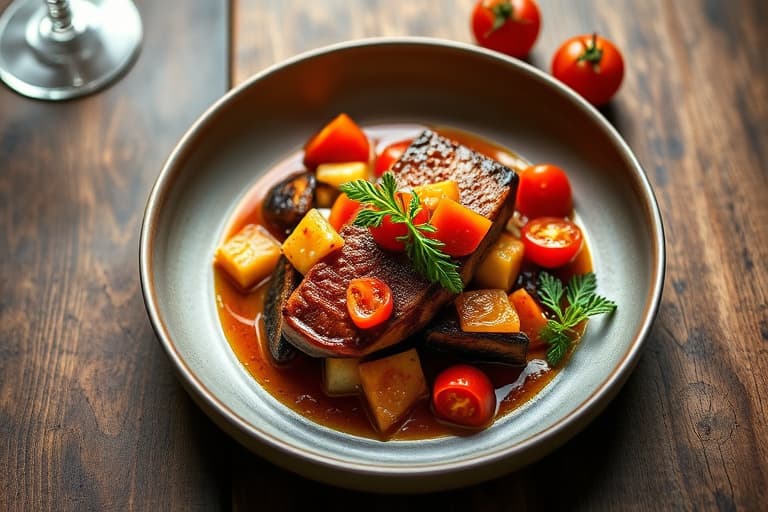 Stekt filét av sjøabbor med tomat- og løkconfit og sherryeddiknage infusert med estragon