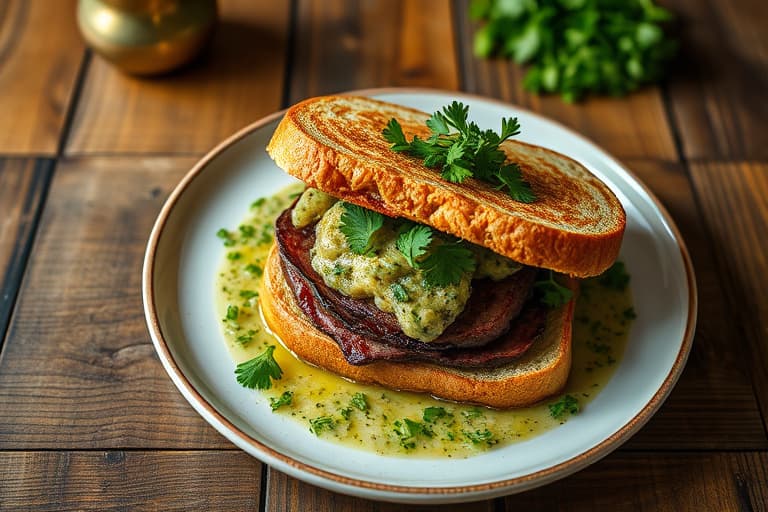 Sandwich med roastbiff dekket av koriander og en horseradish-pesto med koriander