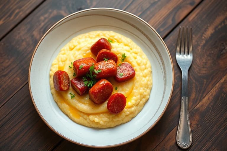 Andouille og hvit cheddarost-grits