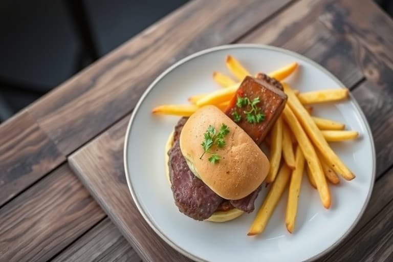Steak-sandwich på ristet hvitløksbrød med tomat- og olivenrøre, servert med stekte pommes frites