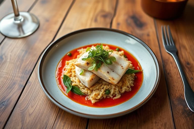 Marinerte tunfisksteiker med ancho-chili- og rødvinsaus og spinatsalat  
Tomatillo-ris-kake