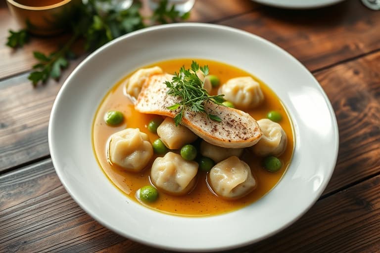 Fiskekonsommé med reke- og edamame-dumplings