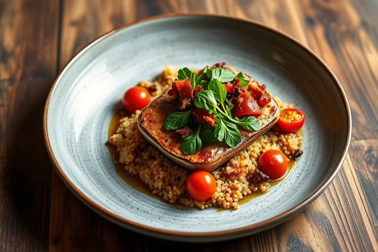 Pannestekt torsk med shiitake, quinoa, ovnsbakte tomater og sautert ruccola med bacon, balsamico-vinaigrette og søt sommerskornmelk