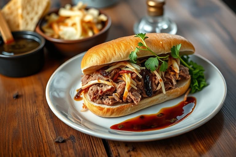 Pulled Pork-sandwich med svart pepper-eddiksaus og vårløkslaw