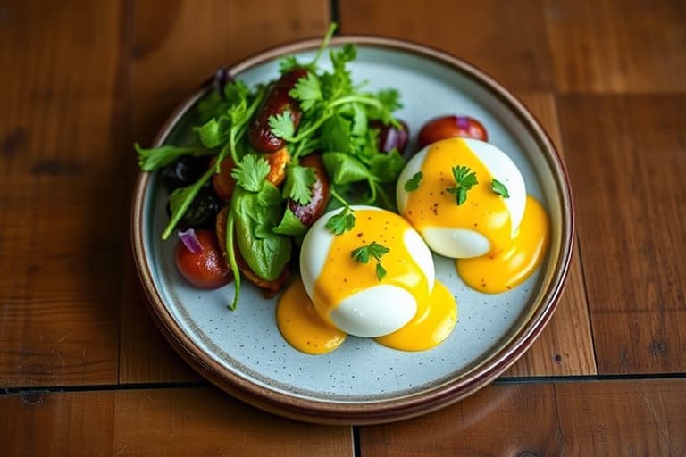 Poached Eggs med chipotle-dressing og avokadorelish, servert med andouille-hollandaise