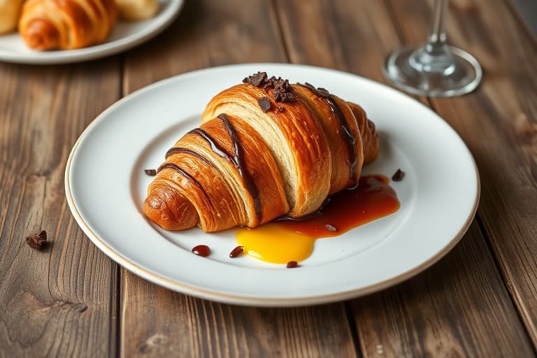 Sjokoladecroissanter, brød- og puddingskål med lag av croissanter