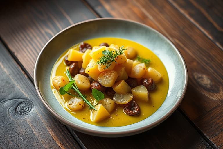 Sitron- og sennepskylling med puré av poteter og gressløk