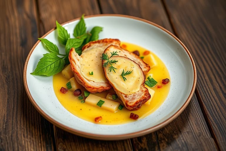 Braisert svinekjøtt med karve, epler og løk, samt senneps- og cheddarmos med pastinakk