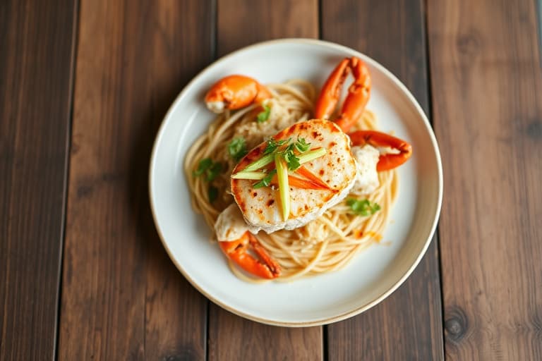 Panerte jumbo krabbekaker stekt i panne, servert med jicama- og chayote-slaw samt kokosnøtt thai-rød karrysauce