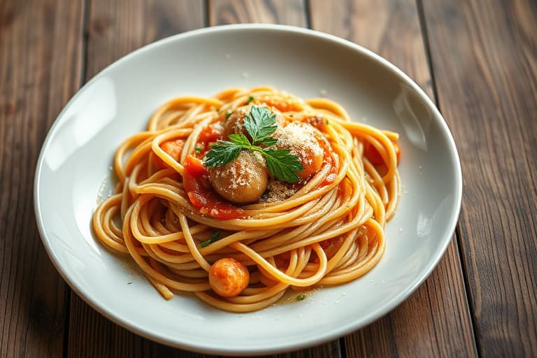Spaghetti- og kjøttbollerestuing tykkere enn suppe, tynnere enn gryte.