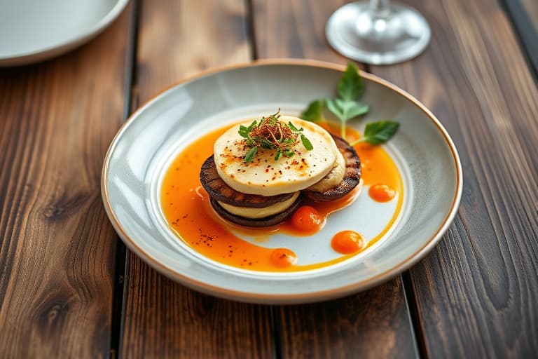 Vegetarisk Napoleon med grillet portobelloburg og tomat-basilikum bisque