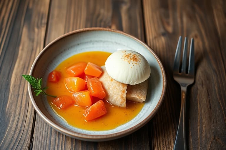 Honningmandelgranita med surkirsebærsirup og ferske bringebær