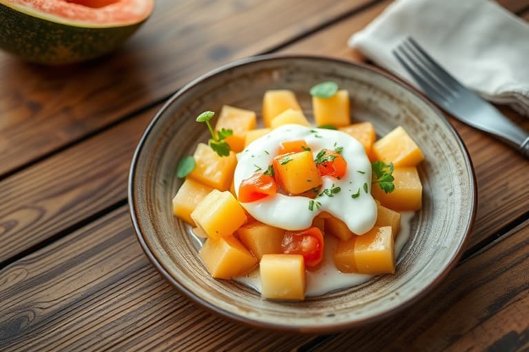 Mange melonsalat med yoghurtsaus og lime