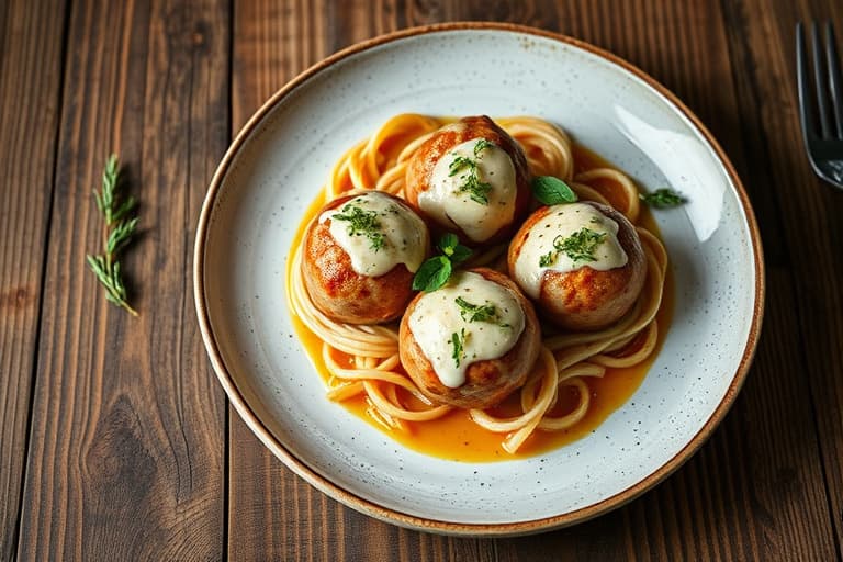 Annas fantastiske, enkle og lekne kjøttboller over smørdampede nudler